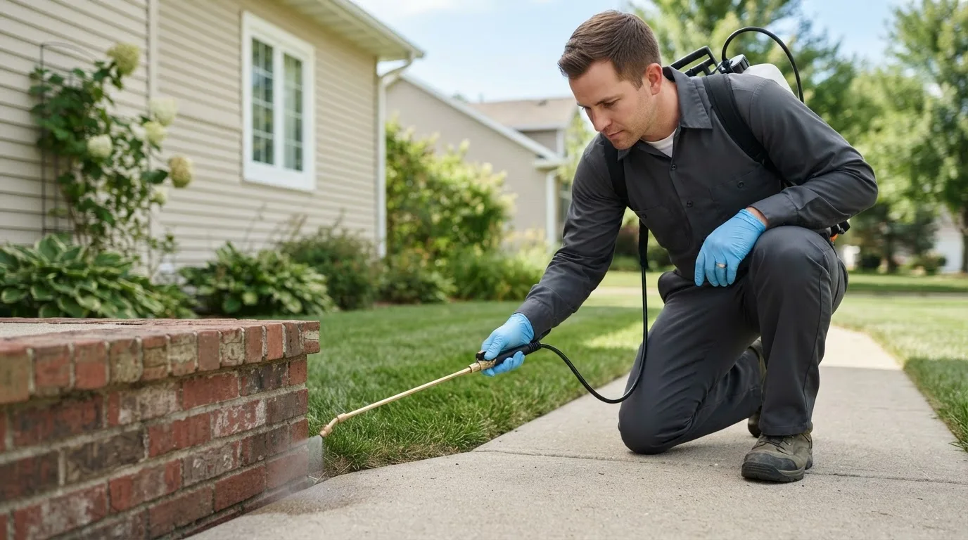 Pest control technician treating a home near Caledonia, MI