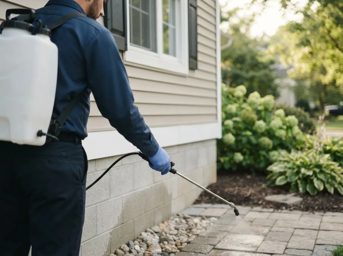 Pest control technician inspecting a home in Caledonia, MI